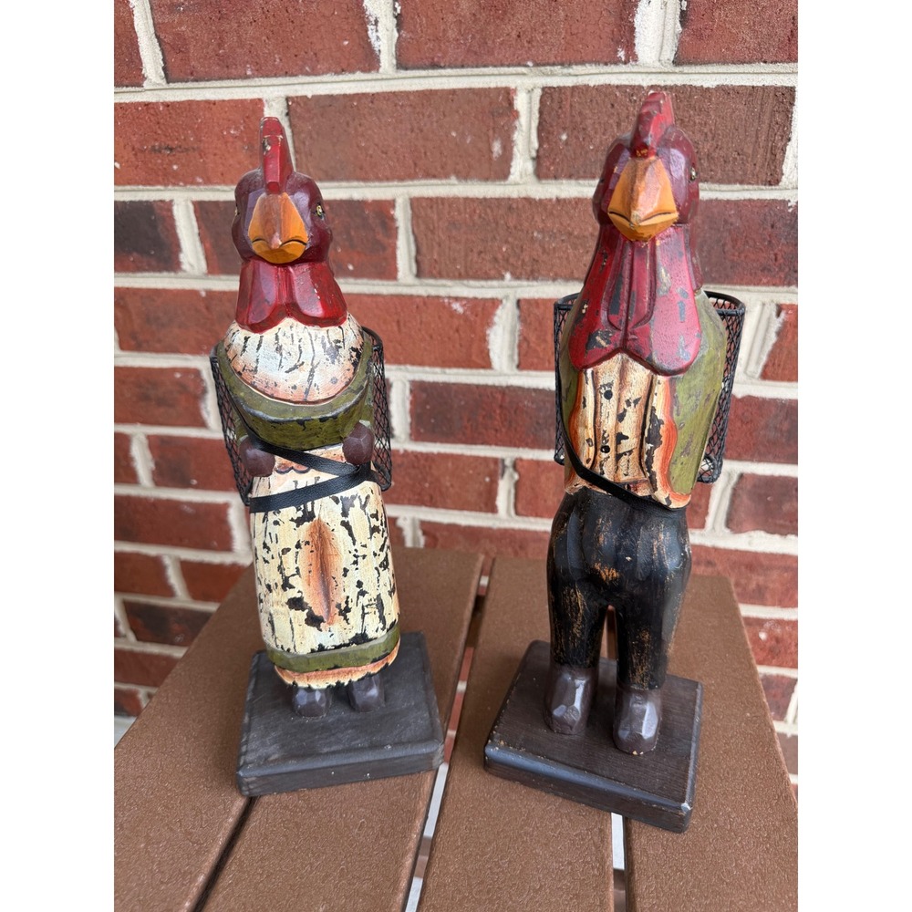 Vintage Wood Rooster Hen Figurine Set Wire Basket Backpack Farmhouse Folk Art